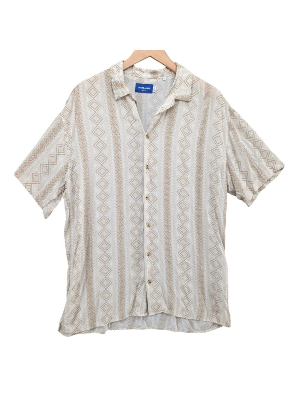 Jack and Jones Printed Shirt Mens Cream Tan Short Sleeve Button Front Size L